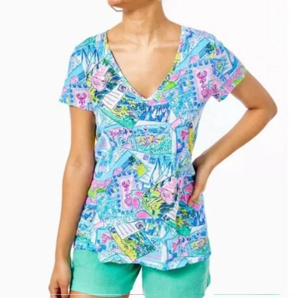 Lilly Pulitzer Etta V-Neck Tee Top Multi Wish You Were Here
